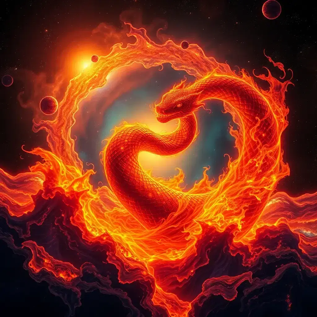 amidst the kaleidoscopic expanse of a forgotten nebula, a mythical solar serpent coils in on itself amidst turbulent waves of blazing lava in a dramatic dance of fire and apocalyptic fury. its scales glimmer with cosmic iridescence, albeit scorched and smoldering, casting kaleidoscope reflections that ripple through the molten glow like infernal wings across the vastness of space. as it spirals through the heavens in a mad plunge, it weaves a rich tapestry of conflagrant hues, uniting the sacred warmth of the sun with the ancient, hellish mystery of the stars.