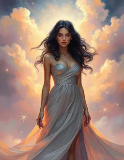 young realistic woman with long black‑blue curls and luminous complexion, elegant well‑shaped legs, wearing an iridescent silk gown that flows in a fluid silhouette, centered in a vibrant cosmic aura of swirling fairy‑dust threads; painted as a painterly dreamscape with surreal, atmospheric lighting, volumetric mist and haze, soft golden‑hour glow, pastel clouds and a starry sky, loose impressionistic brushwork and gentle motion blur, ethereal pastel palette of warm orange, soft pink, dusky purple and deep indigo, nostalgic, whimsical and otherworldly mood, glowing and serene, rendered in oil painting style with subtle impasto and dreamy depth.