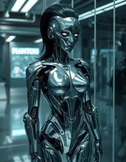 a humanoid robot female, a powerful rodmbot crafted from comic‑universe metals, standing in a polished metal laboratory, reflected in a gleaming glass surface; the reflection layers show the robot’s sleek body, jet‑black hair, glowing eyes, and retractable fangs, with ghosted double imagery of her interior circuitry and exterior form, emphasizing optical ambiguity and the collapse of interior–exterior boundaries.