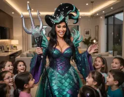 kim kardashian, famous pop star, wearing an oversized, vividly detailed ursula costume with oversized sea‑witch sleeves, glittering deep‑sea teal and violet scales, towering black hat adorned with sea‑foam pearls, and a dramatic dramatic trident‑shaped microphone, standing in a warmly lit modern home interior in warrington. she is smiling brightly, surprising a group of cheerful children gathered around her, their faces lit with excitement, the scene captured in a close‑up perspective that emphasizes her elaborate costume textures, the sparkling sea‑green fabric, the mischievous yet friendly aura of the ursula outfit, and the joyful, family‑friendly atmosphere of a home concert preview.