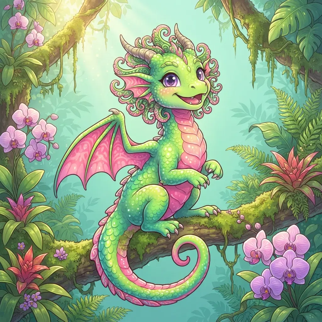 rain-forest dragon character with scales that shift from bright green to pink, curled ruff behind the head, a prehensile tail wrapped around a branch, big playful violet eyes, sitting in a jungle canopy with orchids, book illustration style, clean lines and soft colour with shine on the scales, full body