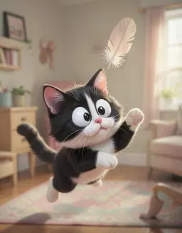 soft-focus, nostalgic pastel room with muted warm tones and subtle motion blur, hazy glow; from eye-level three-quarter view, figaro the juvenile kitten with oversized cartoonish head, gigantic round eyes, pink nose, black‑white fur leaps forward, batting the floating feather upward with its left paw, feather soaring above its head, intimate poetic atmosphere surrounding the kitten.