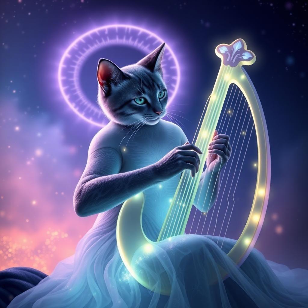 Step into an enchanting dreamscape where the graceful 'Melodia' strums the glowing strings of an ethereal lyre. Each note sends ripples through the air, transforming into a mesmerizing aurora of glittering lights. Engulfed in a pastel lavender halo, her feline elegance brings the night to life with a riveting concert that echoes through the cosmos.