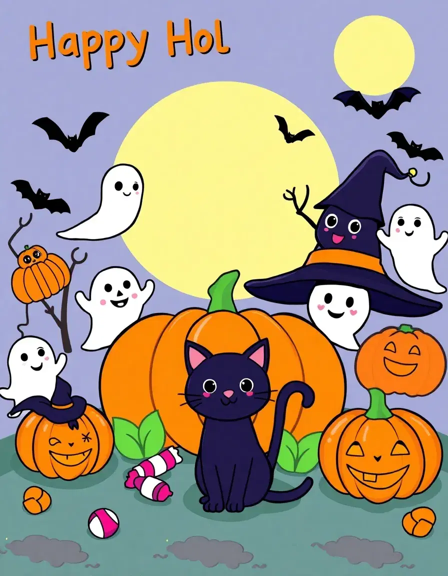 A cute and bold digital illustration for a children’s Halloween coloring book It should feature friendly cartoon Halloween elements like smiling pumpkins, ghosts, black cats, bats, witches’ hats, candy, and a full moon. The design should be colorful, bright, and playful — not scary — with a cozy and fun atmosphere. Keep the layout balanced so there’s enough empty space at the top and bottom for me to later add the title and author name. Do not add any text on the cover don’t write Halloweencoloring book on it 