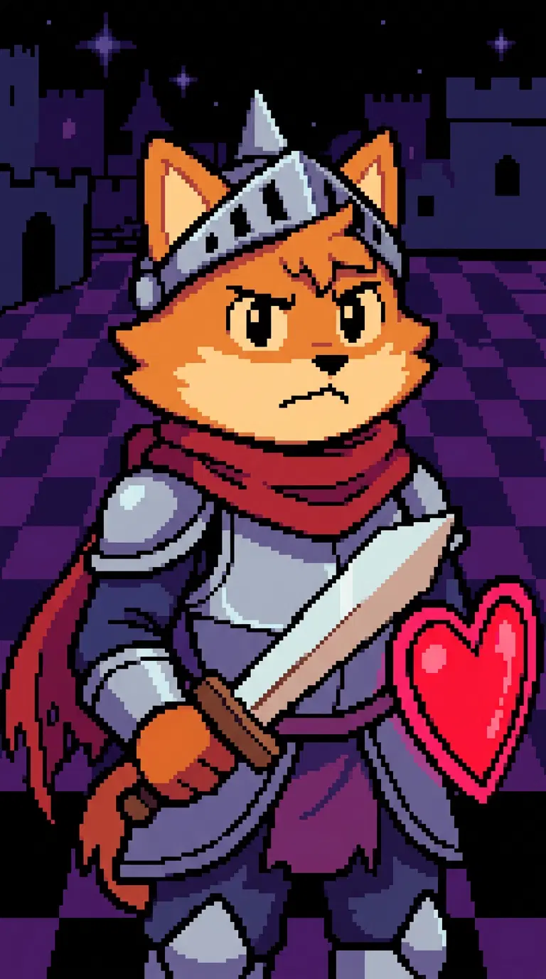 Original character in the Deltarune art style: a Dark World hero, a fox knight with a red scarf, a glowing heart-shaped shield and a pixel sword, bold flat colours, chunky pixel-art-inspired shading, dark purple checkered castle town background. Portrait framing from the waist up, face in the upper third of the frame, one character only. No text, no logo, no watermark.