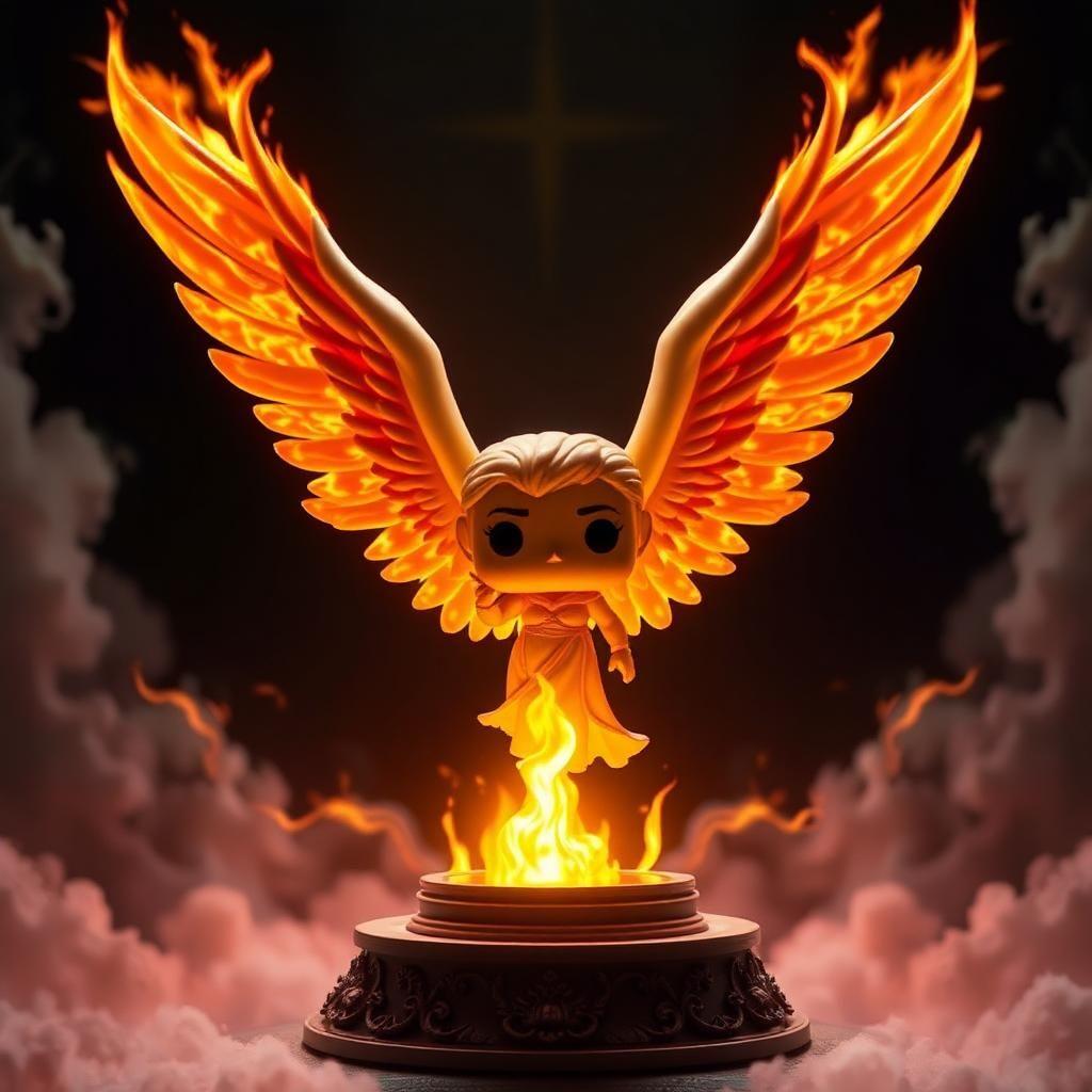Seraphim:
"Describe a scene where Funko Pop Seraphim, with their six flaming wings, surround the throne of God, singing hymns of eternal praise. Focus on the intensity of their worship and the purifying power of their presence. How do the light and heat emanating from them affect the environment around them?"