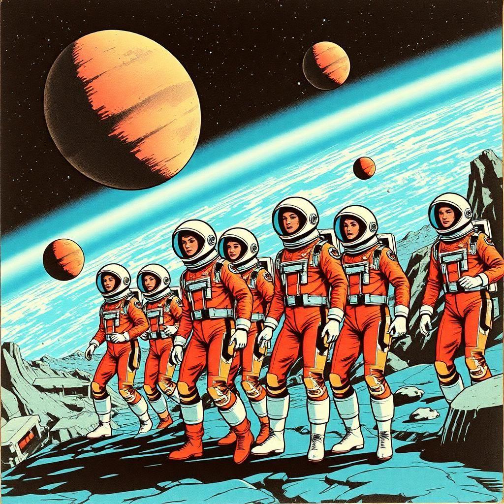 Craft a retro-futuristic collage where the vintage aesthetic meets the limitless cosmos. Picture human figures drawn in pop art style, clad in retro space suits, their actions frozen like pages in a comic book coming to life, evoking a sense of nostalgia for a future that might have been.