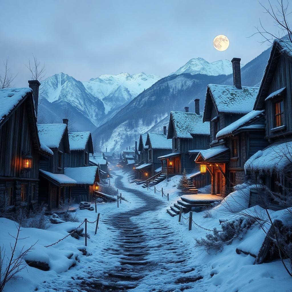 amidst an eerie veil of frost, a deserted mining town lies shrouded in an unforgiving winter's grasp, its wooden facades weathered to a moss-covered grey. 

as the last rays of sunset vanish, lanterns like frozen flames flicker to life, casting an ethereal glow that trembles against the biting wind. 

snow-encased buildings slope like worn sarcophagi, abandoned in the midst of a great thaw that never came. 

frostbite air stings the cheeks of time itself as the lanterns' creaking protests against the cold whisper an endless tale of toil, hardship, and tragedy. 

behind the crumbling structures, mountains wear the weight of millennia like stone blankets, their peaks silhouetted by the moon's pale ghost. the snow-clad peaks loom like silent sentinels, safeguarding secrets forever silenced by the dispassionate quiet of the frost.