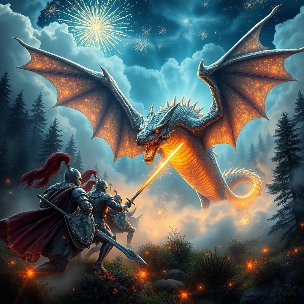 a breathtakingly vivid, hyper-detailed, and enchantingly sparkly medieval tapestry-style illustration depicting fearless knights battling an ethereal, fire-breathing dragon amidst an enchanted, dense, and steamy foggy forest. sparkling gemstones adorn the knights' gleaming silver armor as they heroically charge towards the beast. 

illuminated by a million twinkling, shimmering stars, the sky radiates an otherworldly glow, casting an mesmerizing spell on the entire scene. 

the majestic dragon's colossal, bat-like wings transform into a kaleidoscope of colors - each scale shimmers like a diamond, a sapphire, or an emerald, reflecting the fiery explosions of a million firework bursts, while its piercing golden eyes gleam bright as polished amber in the eerie, flickering light.

vast, silvery clouds materialize into heavy mist that glows like a ghostly mist swirling around the foliage, which appear to be shimmering crystals that shine like a blanket of wet, sparkling diamonds. tendrils of fiery gas dance within the dragon's nostrils, blazing like sparks from fireworks on a midsummer's night.