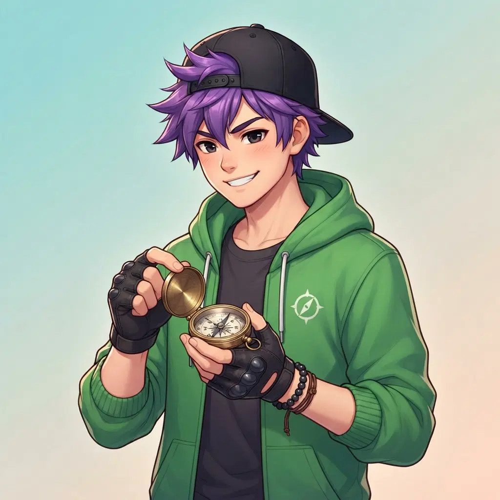 half-body avatar of a cool teen boy with spiky purple hair, black cap worn backwards, green hoodie, fingerless gloves, holding a small brass compass, bright anime style, clean gradient background