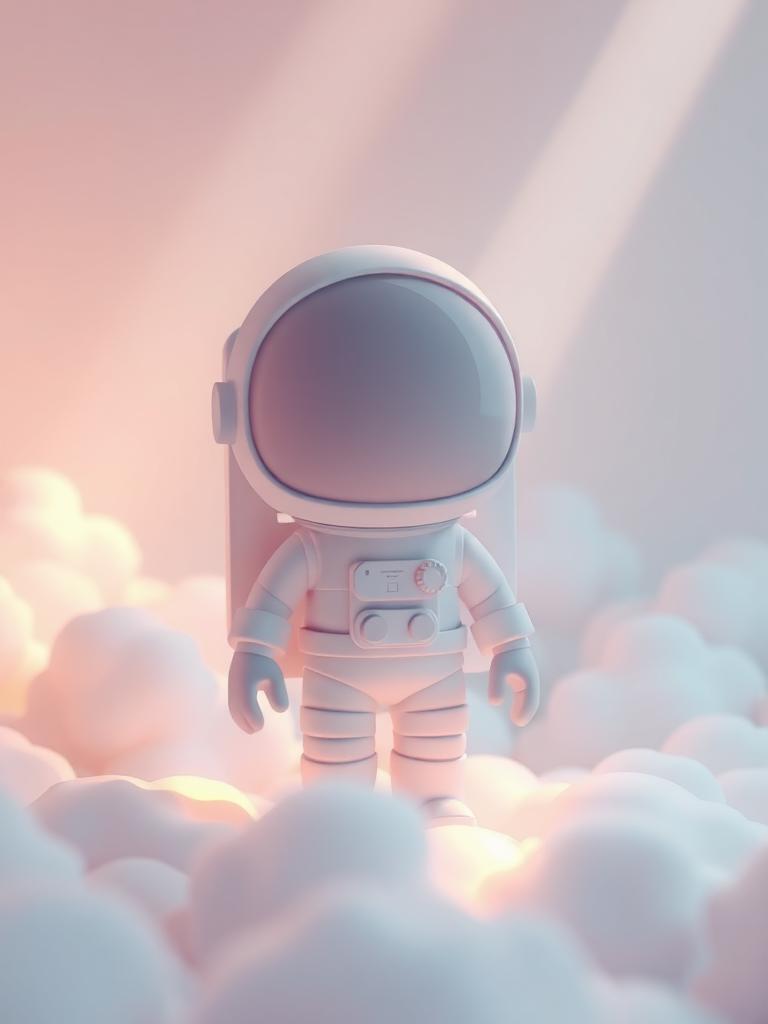 A mauve astronaut in a soft, cloudy 3D cartoon scene with gentle, heavenly beams of light shining down, creating a calm and peaceful mood, and a simple silhouette with no face, surrounded by a warm, ethereal glow.