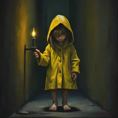 The Little Nightmares-inspired oil painting portrays a young barefoot girl in a dim alley. She dons a yellow raincoat obscuring her face, holding a worn wick lighter. Its faint glow casts chilling shadows, enhancing the eerie aura. The detailed art style intensifies the haunting atmosphere, making the scene unnervingly captivating.