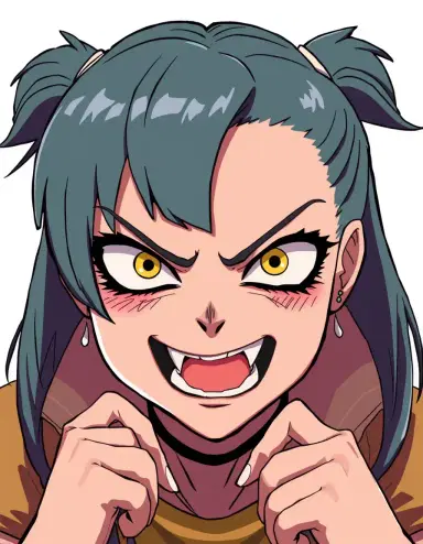 Anime-style portrait of Power from Chainsaw Man. A crazy, mischievous expression on her face, showing her small sharp fangs. St