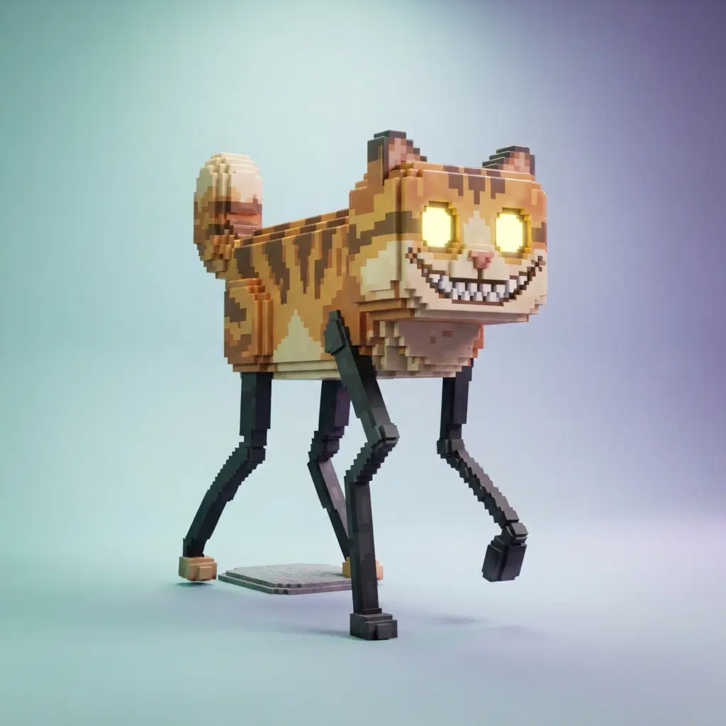 original character: a blocky voxel style anomaly creature disguised as a housecat, elongated limbs and a stretched smile, spooky but cartoonish, Roblox-like stylized 3D blocky character render, clean soft gradient studio background, vibrant, crisp high detail