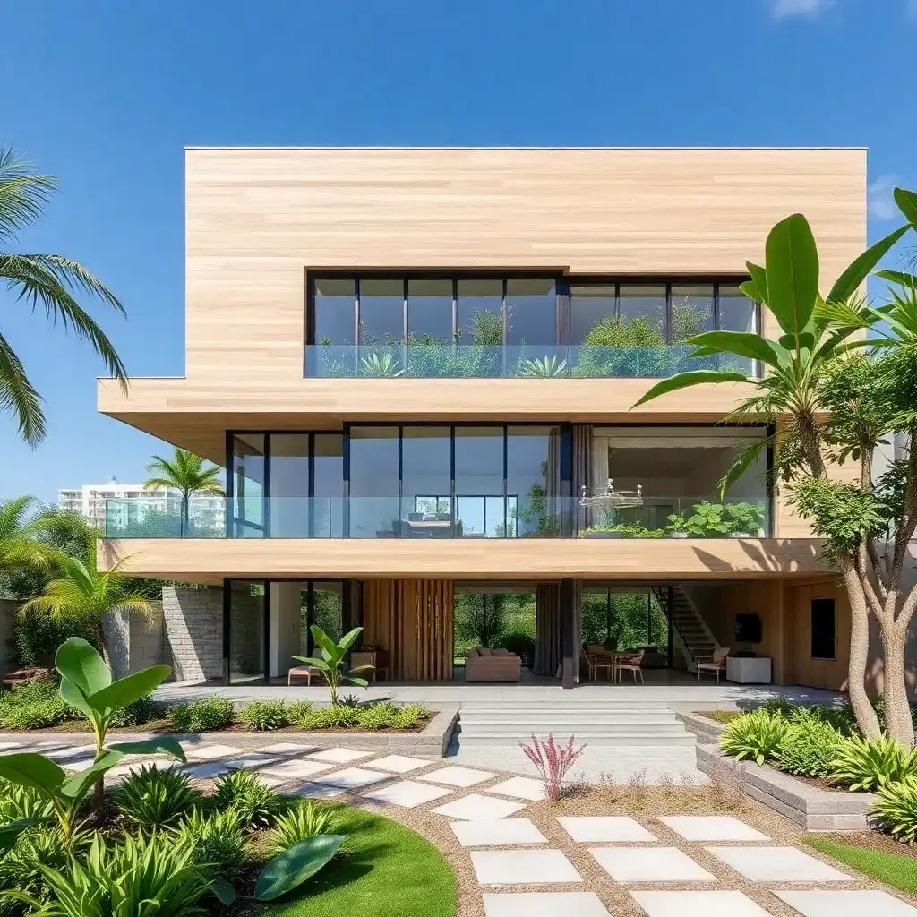 create a sustainable architecture that blends innovative trends with a natural aesthetic.