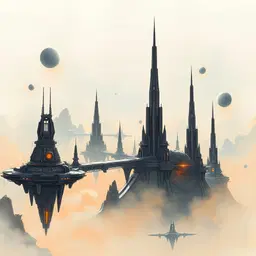 stellar colony floating among distant nebulae, captured in a wide cinematic frame with a low-angle view, dramatic rim lighting and soft volumetric dust haze, teal‑orange color grade evoking a warm, epic mood. the towering habitats and sleek spires are rendered in expressive charcoal‑gray pencil sketch style, delicate cross‑hatching outlining their forms, while luminous starfields glow through subtle shading. the scene feels like a hand‑drawn sci‑fi tableau brought to life with cinematic lighting and atmospheric depth.
