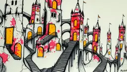 a surreal escher‑style staircase cityscape of towering paper‑torn towers, bridges, arches and winding stairs floating in subtle fog, rendered with hand‑drawn ink line work and strong black outlines, now drenched in a colour pop add‑on: vibrant, clashing, kaleidoscopic patterns splotched across surfaces, abstract assorted textures spilling through arches and stair risers, creating mesmerizing pops of bright colour. the collage retains paper grain, ink washes and acrylic splatter, while translucent overlapping pieces and pattern‑filled ghosting effects add layered 2d depth. soft diffused lighting and minimal shadows preserve the intimate, page‑scale composition.