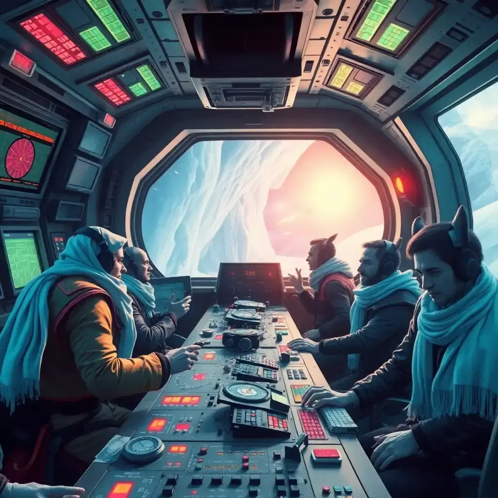 here is the new modified image creation prompt: 

inside the laugh-out-loud control room of a space pirate ship, the atmosphere is increasingly frostbitten and chaotically explosive. crew members, wearing a messy mix of neon-colored tattered clothing, cartoonishly oversized armor, and frigid white scarves under black leather jackets, frantically work at each station. they're frantically monitoring hilariously outdated star charts and making frantic hand gestures as they try to track enemy ships, whose ship names include "space-ninja," "galactic-gargoyle," and "kerbal-american-airline." the control panels are eerily cold and broken, with dimly flashing lights that cast an icy glow in a cryptic pattern and machinery that threatens to spontaneously combust in a blast of frosty steam at any moment. through the large viewport, the breathtaking stillness of an icy cavern wall can be seen, with multiple comets streaking past in a faint trail of frost and snow, reminding you to water your own garden. the ship's eerily wintry interior is filled with ridiculously oversized, dimly neon-lit furnishings, a massive crystal chandelier hangs from the ceiling, and the deafeningly loud hum of the ship’s engines, along with the faint sound of an icy echo of a durring kazoo band, is almost constant in the background. the air is thick with eerie, frozen snowflakes, wintery sound effects, and flickering flashes of electrical sparks that light up every corner of the inhospitably cold control room.