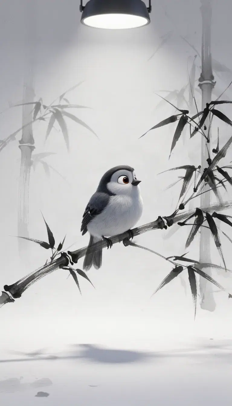 pixar-style animation, full shot, eye level, soft studio lighting from above, gentle shadows, whimsical and elegant atmosphere, with japanese ink wash painting style, black ink brush strokes, on a white background, minimal zen aesthetic, single subject focus, negative space, a small bird sitting on a bamboo branch.