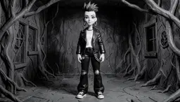 image 1 is rae. rae: white female anime‑influenced face, heavy‑lidded eyes and exaggerated proportions, sporting a spiky fohawk undercut and large double‑0 hoop gauge's. she wears a black leather biker jacket over a white crew‑neck tee, high‑waisted black torn trousers with a rectangular bikers chain belt accessory hanging off her right hip, and black high‑top canvas sneakers with white laces. her skin is smooth and glossy. crayons: lines and fills are drawn with imperfections and scribbles like a wax crayon would produce, giving the scene a raw, textured feel. ink illustration: dense pigment suspensions and rapid‑setting linework provide high‑contrast, crisp silhouettes and precise details, with subtle tonal washes adding depth. claymation horror: the setting is a short horror claymation, featuring gritty, hand‑crafted textures and unsettling ambience. dark horror: rendered in hyper‑detailed black and white pen and ink style with heavy cross‑hatching, deep shadows, and grotesque anatomical distortions, creating a claustrophobic, vintage horror manga atmosphere. all elements combine to place rae within a dark, high‑contrast horror environment, her glossy skin and bold attire standing out against the stark, ink‑heavy backdrop.