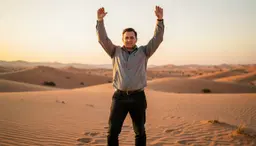 8k Realistic Image. An open desert at golden hour. 8k Realistic Image is stretching, arms overhead. A single whole figure, face in view, clear of everything else in the frame.