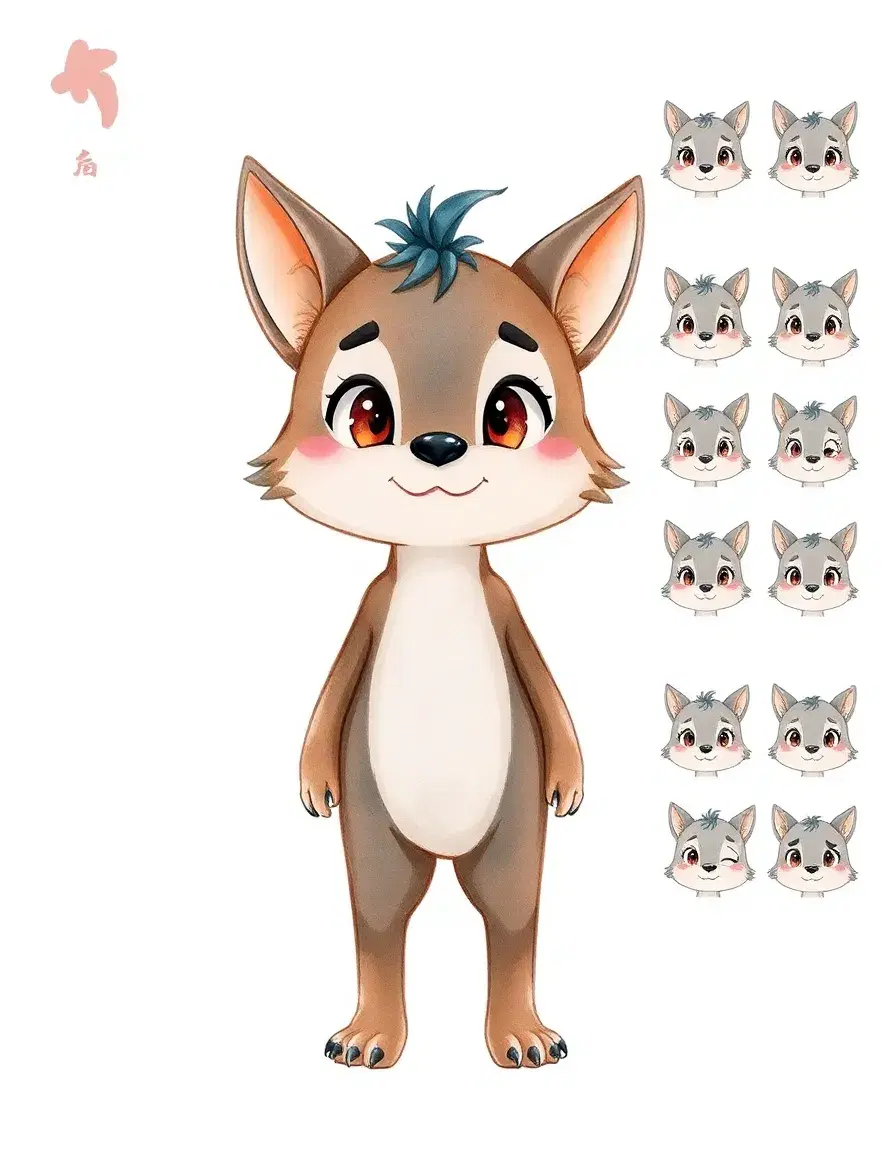 watercolor illustration, textured brushstrokes, soft shading, anthropomorphic animal character, cartoon style, animation character sheet, front view, side profile, expression sheet,  生成一張航拍鏡頭, 畫面是森林, 有山, 有河, 有動物
