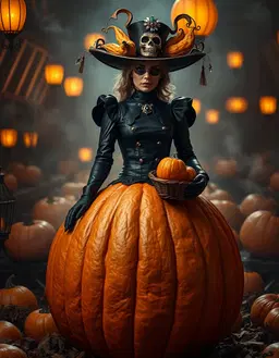 une femme elegante style alice au pays des merveilles, cimetiere des citrouilles gigantesque et surrealiste, looming foreground with a massive partially cropped pumpkin hull dominating the lower half, black leather skull‑patterned outfit, ornate skull‑jewelled hat with blue diamonds, holding a basket of pumpkins, surrounded by smoking pumpkin lanterns, soft fill lighting, cinematic bounce fill, gentle shadows, open hopeful atmosphere, light mist, swirling dead leaves, spectral ambience, looming foreground, in a 1920s jazz age setting, smoky speakeasy lighting, flapper silhouette.
