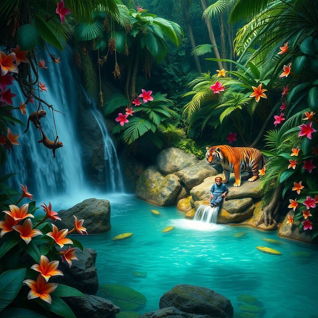 A hidden tropical paradise, where waterfalls cascade into natural pools surrounded by dense jungle. Exotic flowers bloom in every direction, their petals rich with vibrant hues. A family of playful monkeys swings from the vines while a lone tiger watches from the shade, its amber eyes gleaming. The air is thick with the songs of unseen creatures, and the entire scene feels like a glimpse into a lost Eden.