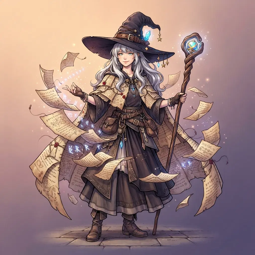 original character: a silver-haired witch in a wide brimmed pointed hat, cloak stitched from parchment pages that flutter with handwritten spells, calm confident pose, delicate ink-line fantasy manga illustration, clean soft gradient studio background, vibrant, crisp high detail, digital illustration