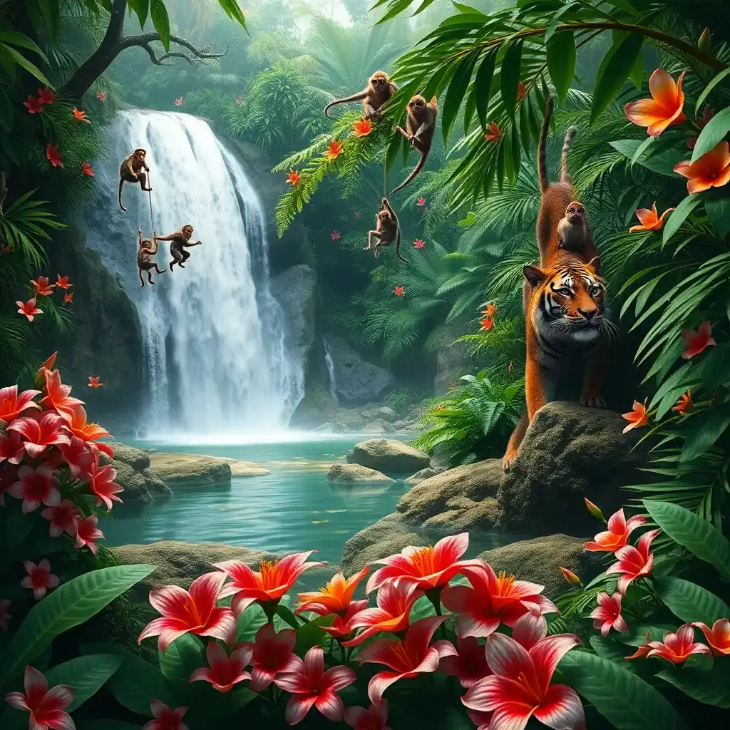 A hidden tropical paradise, where waterfalls cascade into natural pools surrounded by dense jungle. Exotic flowers bloom in every direction, their petals rich with vibrant hues. A family of playful monkeys swings from the vines while a lone tiger watches from the shade, its amber eyes gleaming. The air is thick with the songs of unseen creatures, and the entire scene feels like a glimpse into a lost Eden.