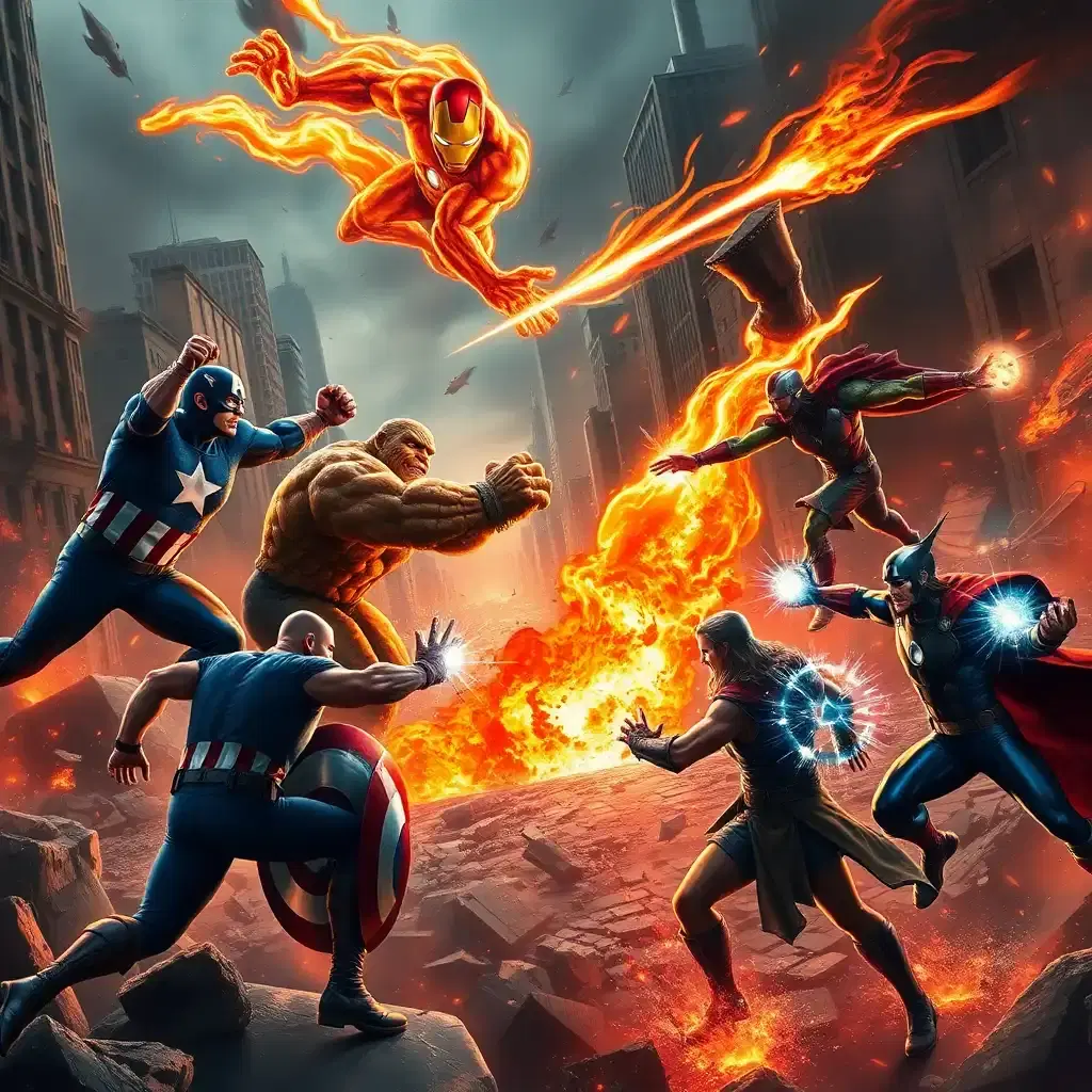 An epic battle scene between the Fantastic Four and the Avengers in a devastated cityscape, illuminated by fires and energy blasts. Captain America clashes with The Thing, their fists colliding with immense force. Mister Fantastic dodges Iron Man’s repulsor blasts, stretching his body around the attacks. The Human Torch races through the sky, leaving a fiery streak as he faces off against Thor, who swings Mjolnir. The Invisible Woman counters Doctor Strange’s spells with her force fields, both radiating energy as they try to overpower each other. The battle is chaotic yet balanced, with each hero’s abilities on full display, creating a visually stunning composition.