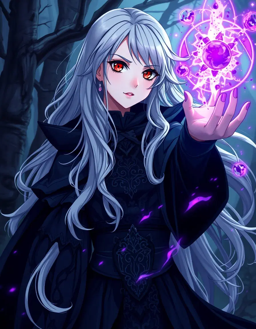 The Magical Fantasy
Prompt: "Anime-style portrait of a sorceress with long flowing silver hair, heterochromia eyes (one red, one blue), wearing intricate black robes, casting a glowing purple magic spell, dark enchanted forest backdrop, cinematic lighting, 8k, highly detailed."
Scenario: A powerful sorceress in her domain