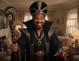 will smith as a dad in a cozy small house in warrington, captured in a close‑up dramatic action movie scene, dressed in an elaborate evil jafar costume with flowing black robes, ornate golden jewelry, a tall turban, and a wickedly curved staff; his face shows an exaggerated evil jafar smile with mischievous eyes, illuminated by warm indoor lighting that highlights the rich textures of the costume and the intimate domestic setting.