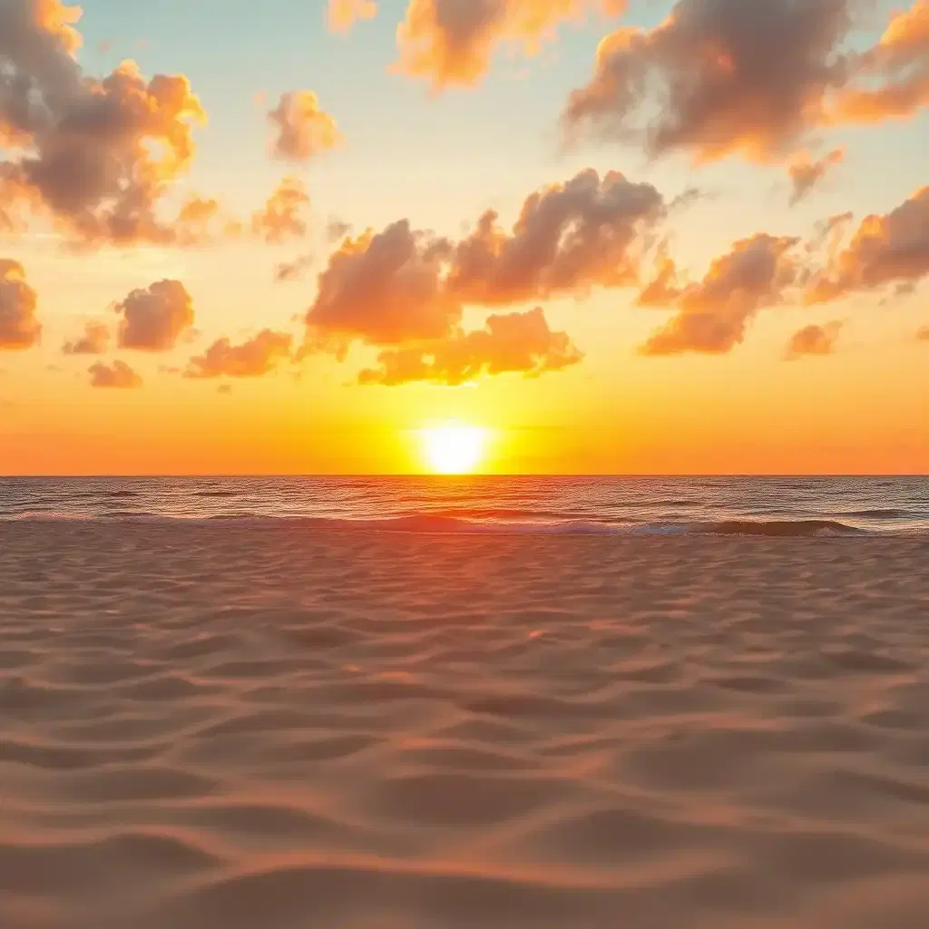 wonderful sunset sand paradise island, sea in the background, orange, bronze and gold colours