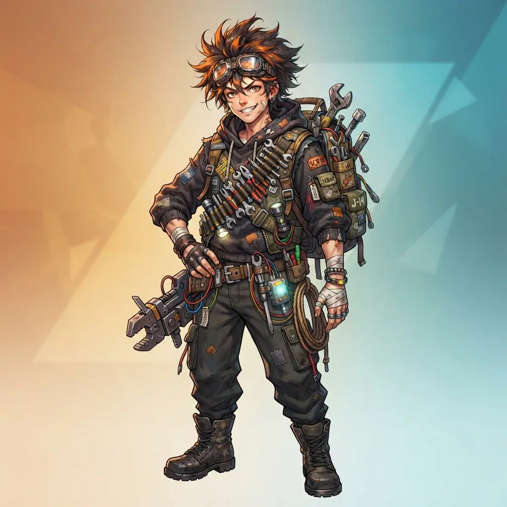 original character: a scavenger with goggles pushed up on his forehead and a bandolier of salvaged junk tools, wild hair, gritty urban trash-punk anime illustration, clean soft gradient studio background, vibrant, crisp high detail, digital illustration