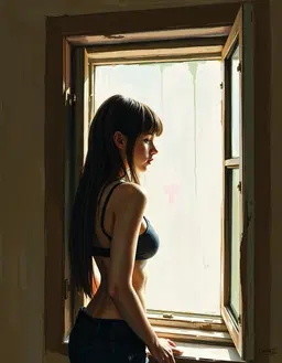 young eastern girl in a window alcove, three‑quarter profile, long straight hair, slender athletic figure, bold strokes, turbulent brushwork, soft window glow turning to harsh light, ashcan school grit, now rendered in funk art style with crude, irreverent technique, garish clashing colors—bilious greens, hot pinks, muddy browns, fluorescent accents—raw dripping brushwork, chaotic composition, humorous defiance, thick impasto highlights, thin wash shadows, snapshot‑like cropping, dynamic asymmetry, raw vitality, quiet contemplative atmosphere