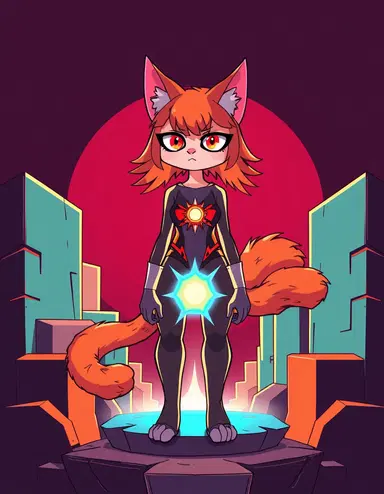 a catgirl (neko) with vibrant pink cat ears and a fluffy orange cat tail, set against a bold, high-contrast background reminiscent of chris moore's signature style, with clean comic-style linework and cinematic atmospheric lighting. the catgirl stands at the center of a dynamic modular composition, surrounded by interlocking geometric and organic blocks that form a cohesive, modern layout, with a stylized energy core at her core rendered with sharp detail and glowing highlights, and clean negative space in the upper left for title text, all within a 16:9 video thumbnail layout with ultra-detailed commercial illustration quality.