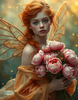 A young realistic wholesome beautiful angelic natural woman, pouty mouth, ruddy cheeks, in a vibrant, cosmic aura, her thick wild orange hair and luminous complexion, she is holding large bouquet of pink peonies , flower fairy set amidst a rich, layered textures, tones of teal and aqua golden hues blend in a dreamlike dance, with delicate, shimmering threads infused with glowing fairy dust, and an unfolding, iridescent silk gown that unfurls across her body in a fluid, organic silhouette