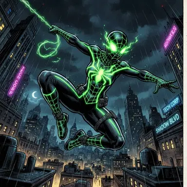 original spider hero in a black suit with neon green web lines, glowing lenses, dramatic leaping pose against a night sky, ink-heavy comic art, vibrant, crisp high detail