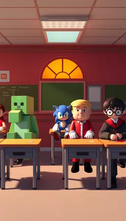 a 90's classroom with the following characters sitting on desks: blocky minecraft steve, yoshi, sonic, donald trump, and harry potter, set in a glowing ruby sunset, warm amber rays, cinematic rim lighting.
