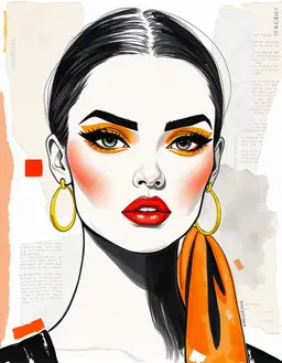 fashion model face illustration of a stylized runway model with almond‑shaped eyes, glossy black winged eyeliner, bright yellow eyeshadow and vivid red‑orange lips, rendered in single‑line hatching and cel shading, now presented as a mixed‑media art portrait collage: acrylic paint washes, watercolor washes, colored‑pencil accents and carbon‑marker lines blend across the entire figure, incorporating textured paper, fabric swatches and torn book page fragments. the full‑body pose remains sleek and fashion‑forward, with clean lines, bold silhouettes and elegant accessories, all unified by the collage’s layered, tactile surface and vibrant, handcrafted palette.