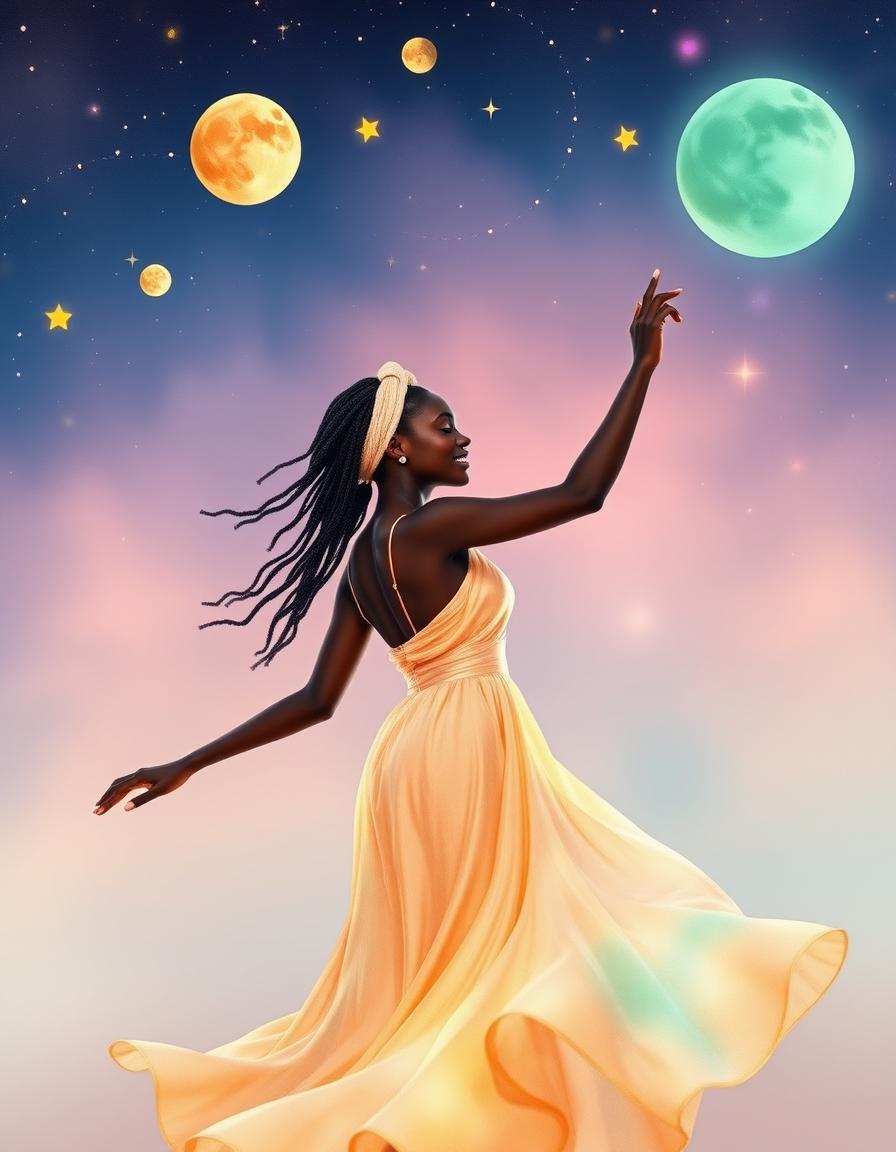 A Senegalese dancer twirls in soft, glowing clothes under a dreamy sky. Pastel stars, yellow moons, and mint green galaxies shine above her. Gentle sparks in pink and blue float around her, like tiny lights dancing in the air. The world feels like a watercolor painting, with colors blending softly together.
