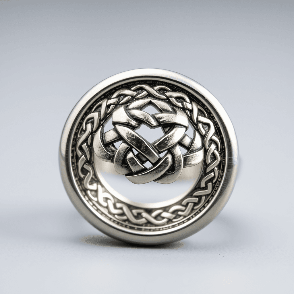 A silver ring, in its middle there is a polished, just brushed, not engraved finish which depicts an intricate Celtic knot pattern engraved around its circumference. All around the ring, the design takes up a third of the space on the ring and is placed in the middle.