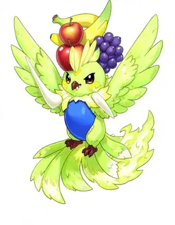 A soft, hand-painted Pokemon creature illustration of a jellyfish-like pokemon with a round dome head with a jewel-like spot in its centre, two hooked arms and a frilly skirt of short tentacles, its body coloured lime green with cream accents, a blue belly from its chin down, two long fangs growing from its upper jaw, each as long as its ear, poking out over its lower lip, a tall plume of long feathers sweeping up and back from the top of its head like a cockatoo's crest, as tall as its head, proudly balancing a pile of colourful fruit on its head and back, an apple, a banana and a bunch of grapes, flying type, with soft feathers over its body, a pair of large feathered wings on its back, a swept-back feather crest on its head and a fan of long tail feathers, fire type, with a thick blazing ruff of orange-yellow flames around its neck, flames blazing along its back and tail, a curly fiery crest on its head, and warm red-orange cheeks and markings. Rounded shapes, expressive anime eyes and appealing proportions with a slightly oversized head and a compact body; a silhouette that reads at a glance. Clean, thin, slightly organic pencil-like outlines. Familiar Pokemon design language: believable creature anatomy, simple colour blocking, elemental traits integrated naturally into the body, selective detail, clear personality. Soft colours, creamy highlights, gentle cel shading blended with painterly gradients, subtle watercolour and gouache texture on faint paper grain, matte softly illustrated surfaces. Show the full creature standing in a three-quarter pose, centred on a plain white background.
