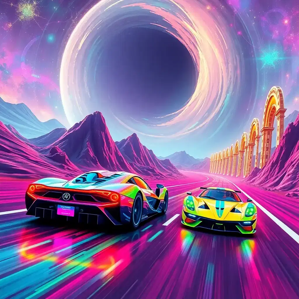 "a high-energy race scene featuring two high-tech, cybernetic <brightly colored candy-themed and 80s-inspired supercars, with bodies crafted from translucent plastic that filters the neon lights of the surrounding environment, displaying vibrant, pixel art graphics,> speeding down a <baroque-inspired, ornate cyberpunk neon-lit highway reminiscent of grand, sweeping architectural styles and gilded, intricately patterned opulence, decorated with sweeping arches, vaulted ceilings, and glittering, crystalline mosaics, vibrant tiles that filter and pixelate the view amidst the threat of a massive, swirling, all-consuming black hole, depicted in gritty, high-contrast technical drawing, with pastel hues of sugar-coated delights painted across the desolate backdrop, now amplified by the splendor of gilded gold leaf, gemstones, and ornate, curvilinear details, as if crafted by a master artisan, rather than a futuristic engineer> amidst the rainbow-colored hills composed from the very tiles that make up the mosaic, that morph into sugary treats at the horizon. the car in the foreground is a <bubblegum pink lamborghini countach, its angular design and metallic appearance now almost untouchable, veiled by layers of translucent plastic, while a lattice of icing and licorice replaces the circuitry, making it look as if crafted from edible puzzle pieces themselves, and further embellished with delicate filigree and polished gemstones, framing its elegant, baroque-inspired lines, as if it had been chiseled from a masterpiece of rococo excess. the rival car, a sleek, low-riding delorean with neon accents and retractable, lollipop-shaped spoilers, tries to overtake amidst a trail of gumdrops and shattered wafers fragments that fade from the intense speed and racing chaos, as the gummy bears road stretches endlessly, with candy cane billboards flashing along the sides as distant, gumdrop fields composed from the very tiles that make up the mosaic, are revealed to be actual candy-coated cybernetic fortresses, set against a sky filled with cotton candy puffs and swirling sugar crystals."
