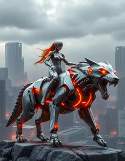 a sleek female robot with chrome limbs and steel filigree rides a massive robotic wolf of brushed steel, both glowing amber, in a sprawling brutalist city of concrete monoliths under a steel‑gray sky. rendered with high‑resolution 150k glossy wet surface, multilayered pbr shading, intense rim lighting, ray‑traced global illumination, deep parallax depth, crystal‑clear micro‑details and sharp focus, octane‑style ultra‑sharp 3d textures, vivid neon accents and bold angular lines, creating a shimmering, hyper‑detailed tableau.