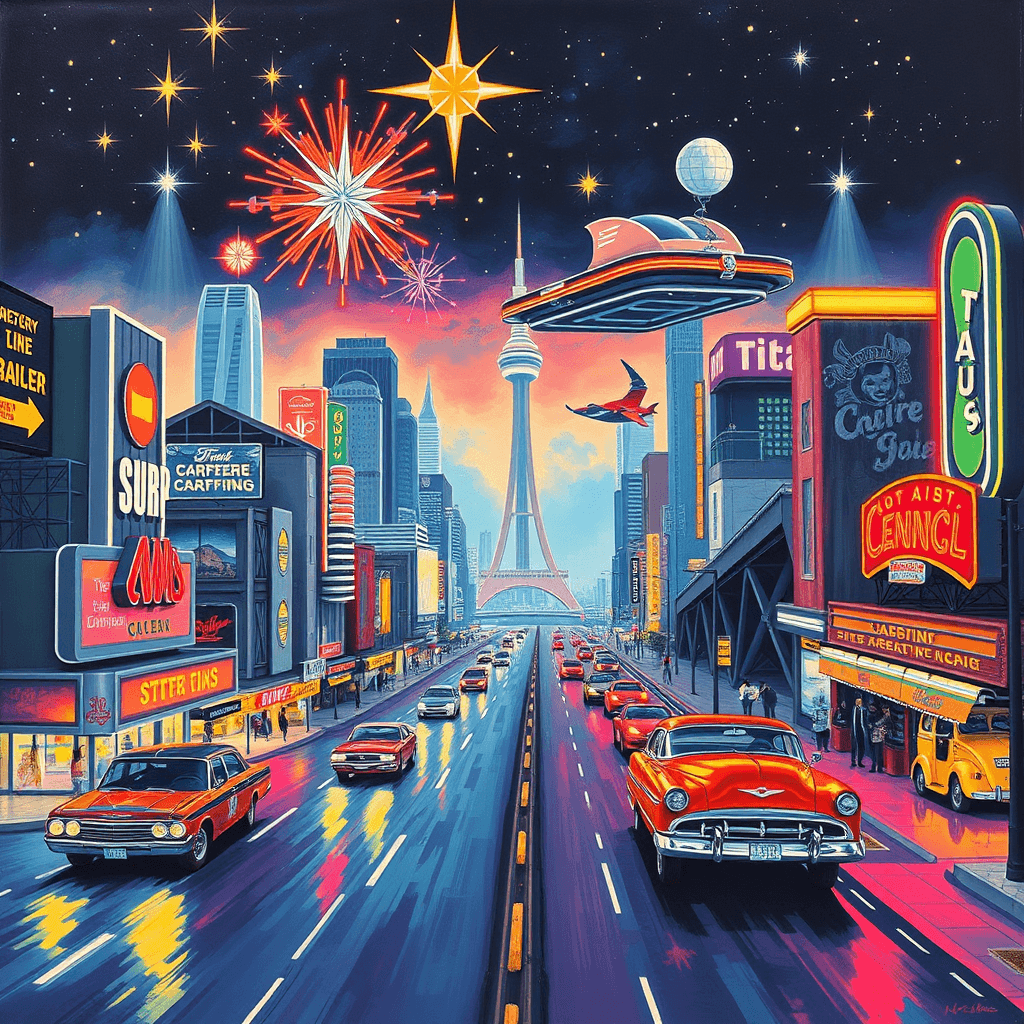 Imagine a bustling retro-futuristic cityscape, where neon lights mimic stars and retro automobiles hover gracefully above paved roads. The scene pulsates with energy, painted in vibrant hues that blend pop art and futurism, inviting one to explore a world where history and future intertwine.