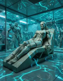 colossal sand sculpture of an anatomized cyborg female reclining on a sleek chaise, no floor or ceiling, set within a glass corporate laboratory, retro 80s mecha style with angular robot forms, underwater caustic lighting with rippling blue‑teal patterns shimmering across the sculpture and surroundings, luminous polished surfaces reflecting fluid distortions, dynamic perspective
