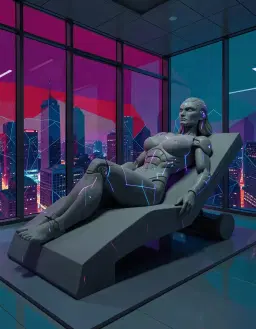 colossal sand sculpture of a statuary cyborg female reclining on a sleek chaise in a glass corporate laboratory overlooking a bustling city, infused with luminous micro‑geometric detail, hard‑edge abstraction with crisp razor‑sharp boundaries and flat uniform color fields, bold chromatic zones of deep magenta, electric teal, vermilion and midnight blue pulsing at their seams, architecturally deliberate composition with striking spatial illusion, ample negative space, glass surfaces and city backdrop rendered in precise geometric planes