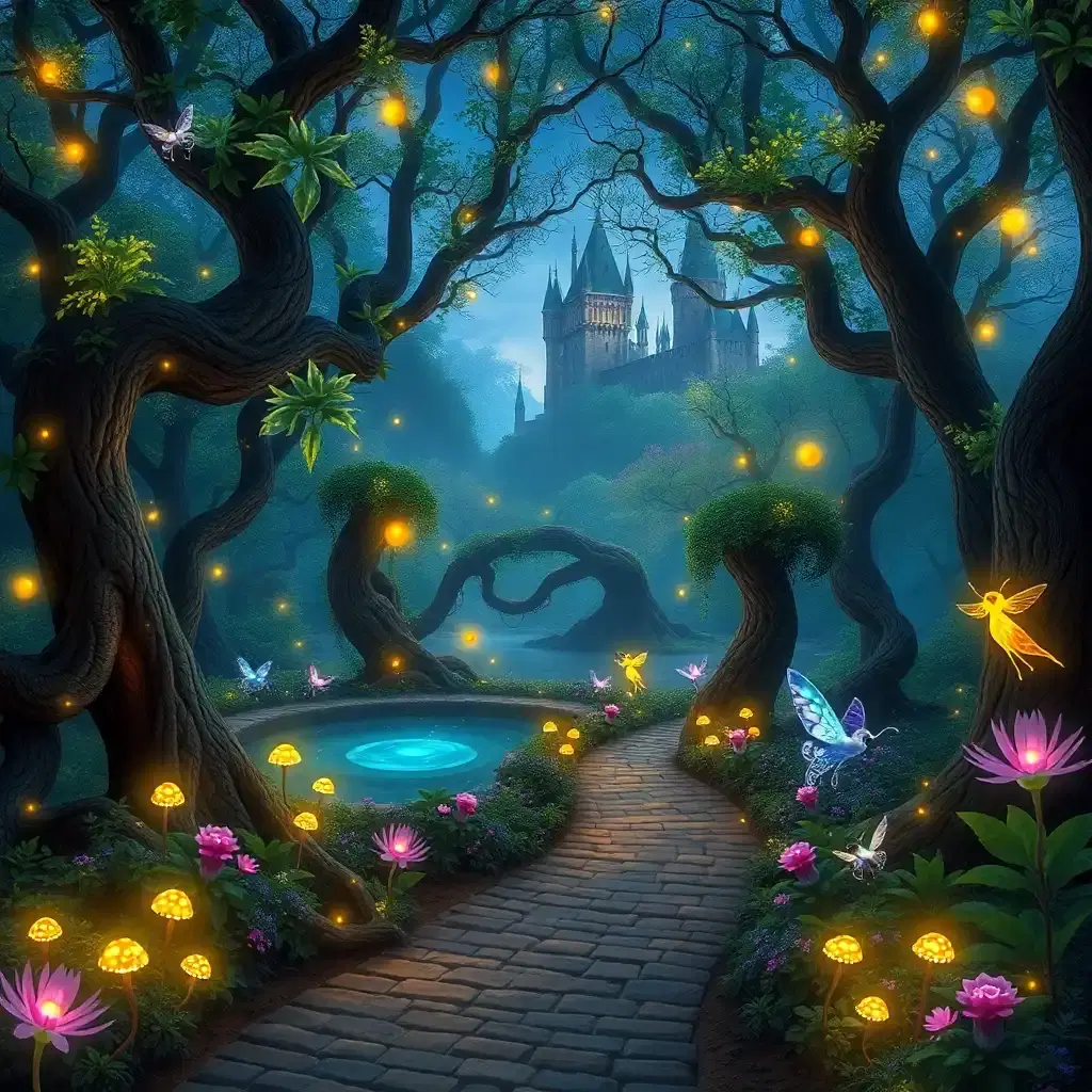 A breathtaking enchanted forest bathed in the soft glow of bioluminescent plants and floating will-o'-the-wisps. Towering ancient trees with twisted, gnarled roots reach toward the sky, their leaves shimmering in shades of blue, purple, and emerald green. A winding cobblestone path leads deeper into the forest, where hidden among the thick foliage lies a crystal-clear pond that reflects the ethereal light. Glowing mushrooms sprout from tree trunks, and delicate fairies with iridescent wings dart between the flowers. The air is thick with golden dust motes that swirl like magic, and in the distance, the outline of a grand, vine-covered castle looms, half-forgotten by time.
